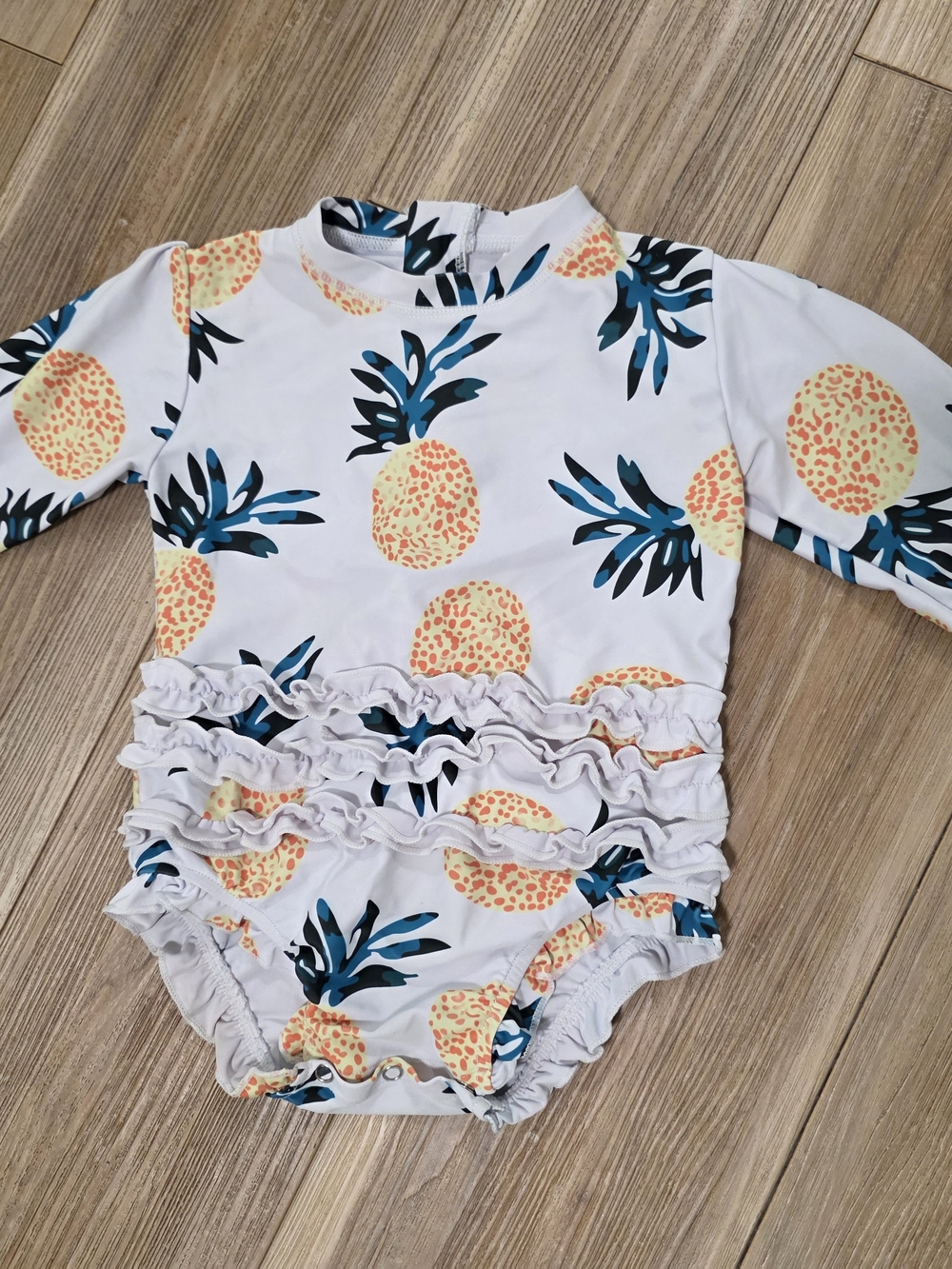 Girls White Pineapple Print Ruffle Long-Sleeve Swim One-Piece 3T